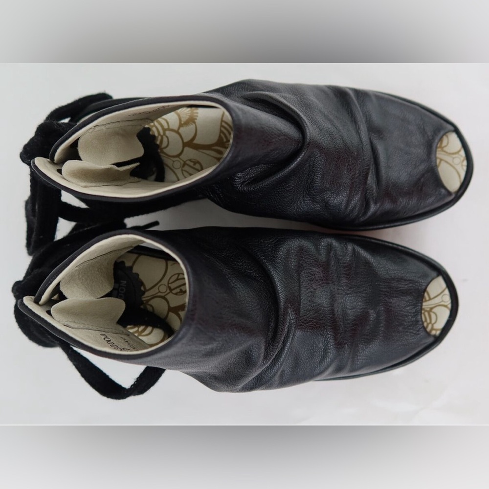 Fly London Yame Platform Peep Toe Lace-Up Wedge Sandals Black